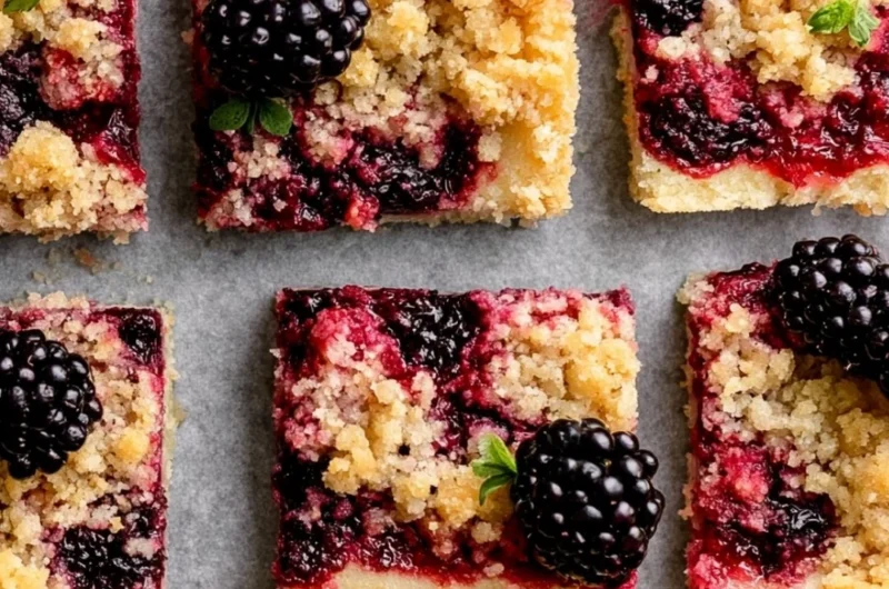 Delicious homemade Blackberry Pie Bars on a wooden surface