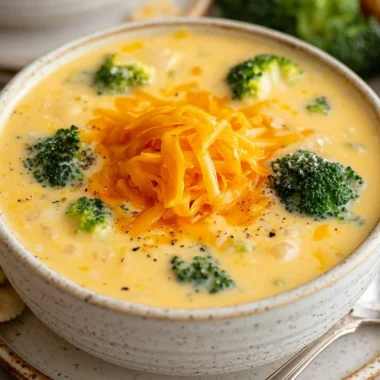 Bowl of creamy broccoli cheese soup with fresh broccoli florets on top