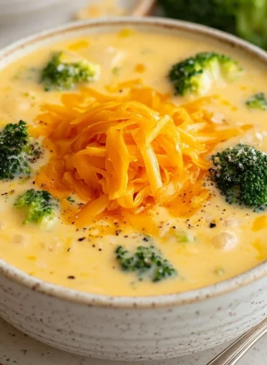Bowl of creamy broccoli cheese soup with fresh broccoli florets on top