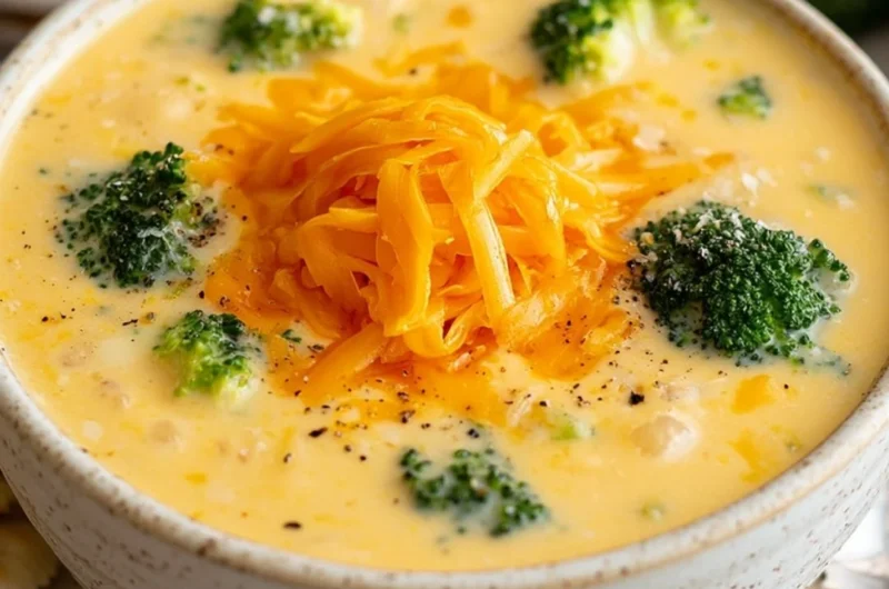 Bowl of creamy broccoli cheese soup with fresh broccoli florets on top