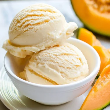 Delicious cantaloupe sea salt ice cream served in a bowl, garnished with mint.