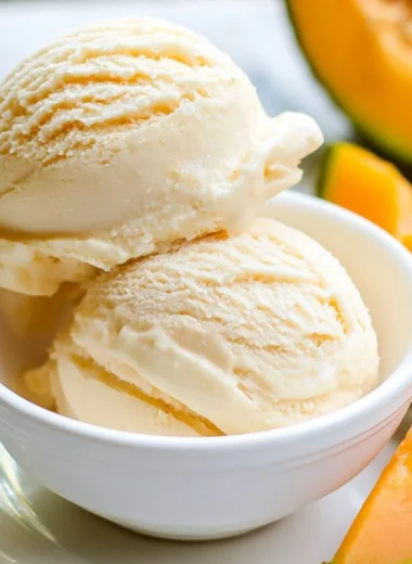 Delicious cantaloupe sea salt ice cream served in a bowl, garnished with mint.
