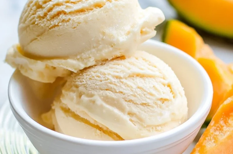 Delicious cantaloupe sea salt ice cream served in a bowl, garnished with mint.