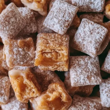 Bowl of delicious caramel apple puppy chow with apples and caramel treats.