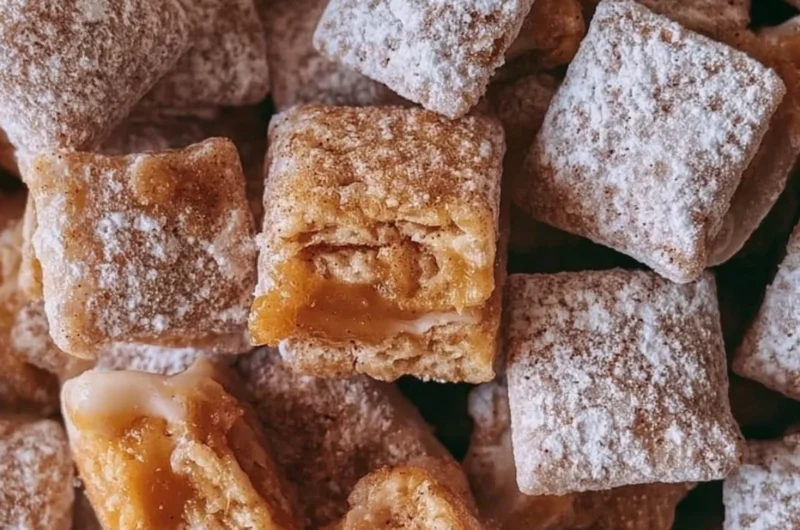 Bowl of delicious caramel apple puppy chow with apples and caramel treats.