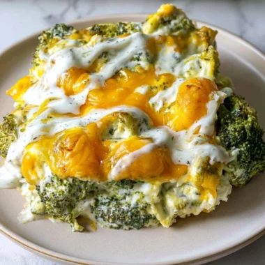 Cheesy Broccoli Casserole freshly baked in a dish with melted cheese on top