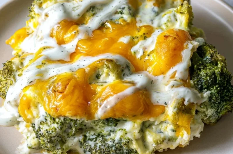 Cheesy Broccoli Casserole freshly baked in a dish with melted cheese on top