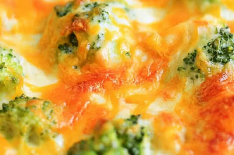 Cheesy Chicken Broccoli Bake served in a dish with melted cheese and broccoli