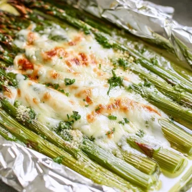 Cheesy grilled asparagus in foil packs, ready to enjoy on a summer BBQ.