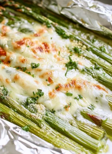 Cheesy grilled asparagus in foil packs, ready to enjoy on a summer BBQ.