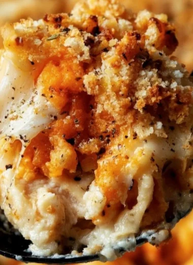 Delicious Chicken Parmesan Casserole topped with cheese and herbs