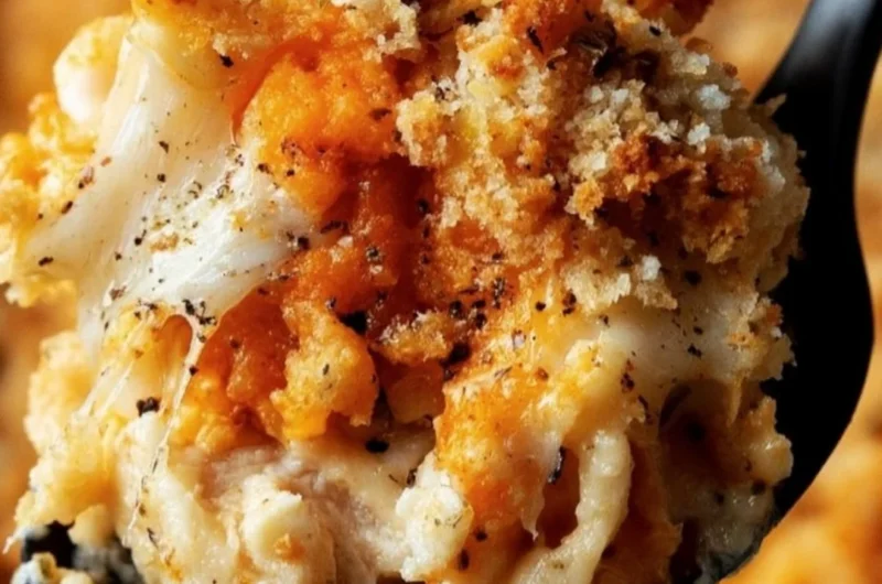 Delicious Chicken Parmesan Casserole topped with cheese and herbs