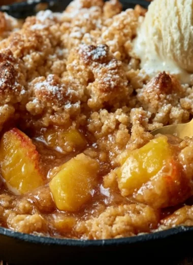 Delicious homemade classic Southern peach cobbler with golden crust and fresh peaches.