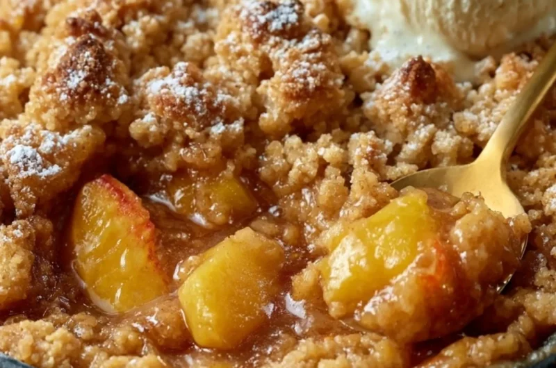 Delicious homemade classic Southern peach cobbler with golden crust and fresh peaches.