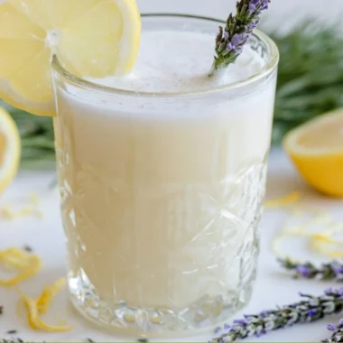 Coconut Lavender Lemonade Mocktail served in a glass with a lavender garnish.