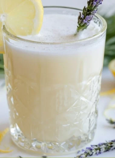 Coconut Lavender Lemonade Mocktail served in a glass with a lavender garnish.