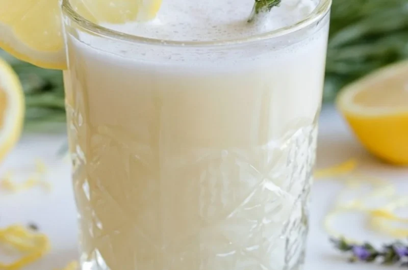 Coconut Lavender Lemonade Mocktail served in a glass with a lavender garnish.