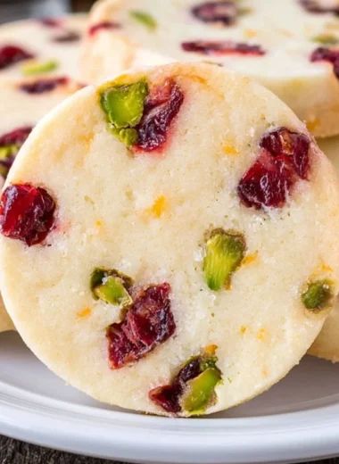 Delicious Cranberry Pistachio Shortbread cookies on a plate
