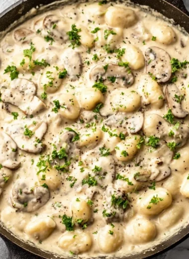 Creamy Boursin gnocchi with mushrooms in a delicious sauce
