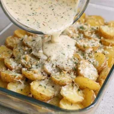 Creamy Parmesan oven-baked potatoes dish served on a plate