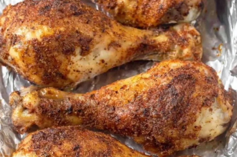 Crispy baked chicken legs on a serving plate garnished with herbs