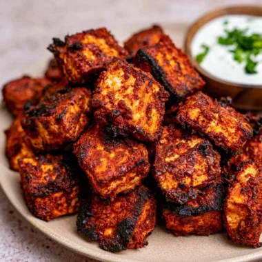 Crispy Cajun Tofu Bites served on a plate with dipping sauce