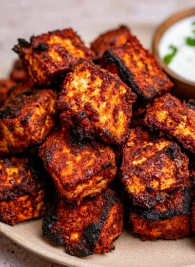 Crispy Cajun Tofu Bites served on a plate with dipping sauce