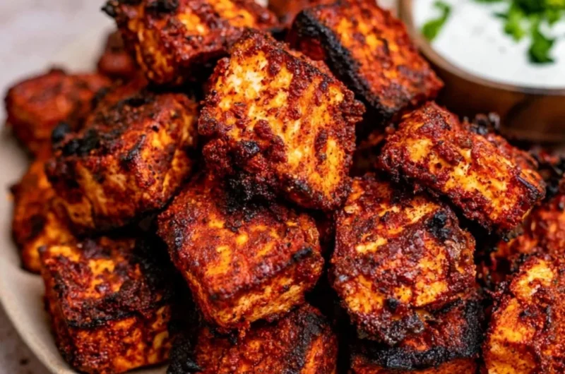 Crispy Cajun Tofu Bites served on a plate with dipping sauce
