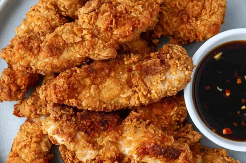 Crispy Honey Garlic Chicken Tenders served on a plate with dipping sauce.