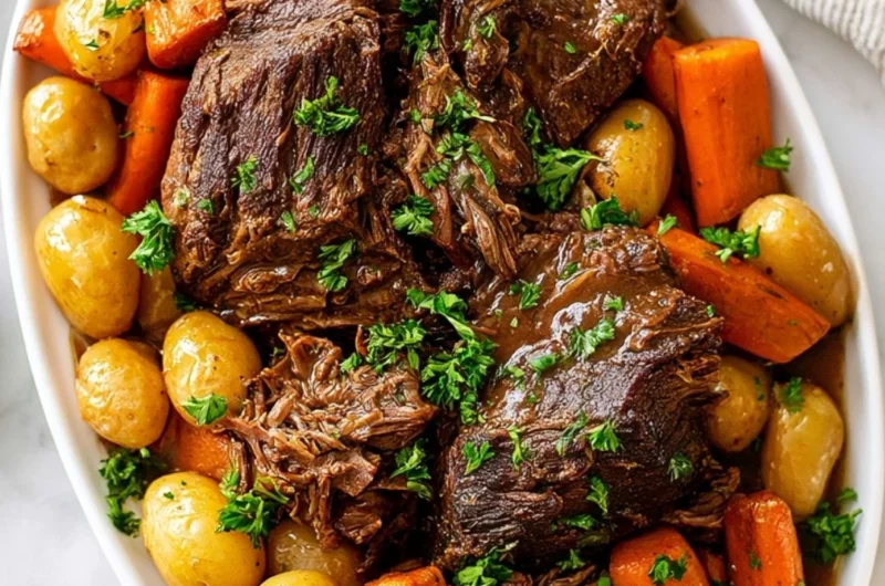 Crock pot pot roast with vegetables and gravy in a serving dish.