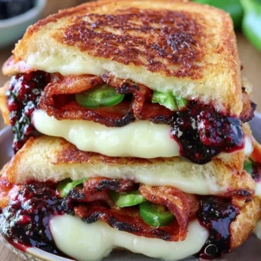 Delicious blackberry bacon grilled cheese sandwich with melted cheese and crispy bacon.