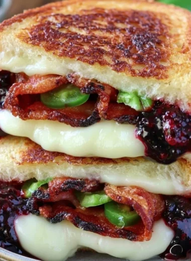 Delicious blackberry bacon grilled cheese sandwich with melted cheese and crispy bacon.