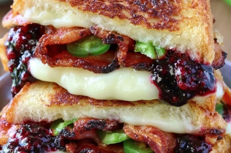 Delicious blackberry bacon grilled cheese sandwich with melted cheese and crispy bacon.