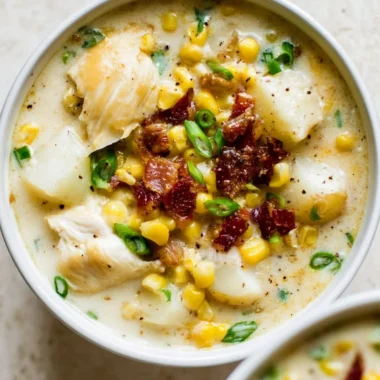 Bowl of easy chicken and corn chowder garnished with herbs