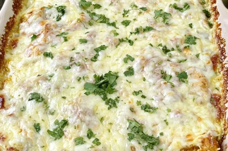 Delicious dump and bake queso chicken and rice dish ready to serve.