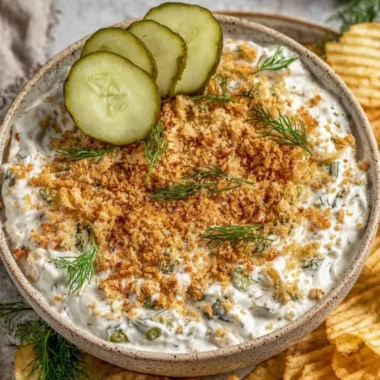 Bowl of easy fried pickle dip with crispy pickles on top, dairy-free option.
