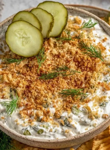 Bowl of easy fried pickle dip with crispy pickles on top, dairy-free option.
