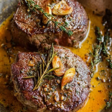 Succulent Filet Mignon topped with Garlic Herb Butter, served on a plate.