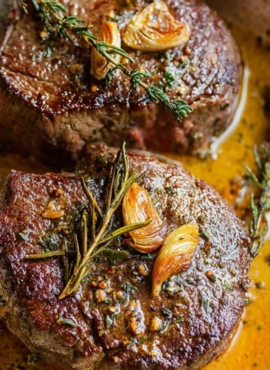 Succulent Filet Mignon topped with Garlic Herb Butter, served on a plate.