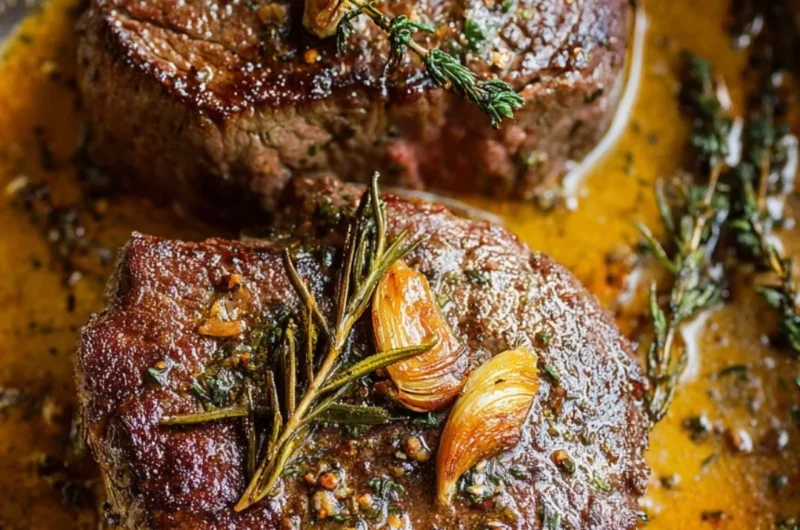 Succulent Filet Mignon topped with Garlic Herb Butter, served on a plate.