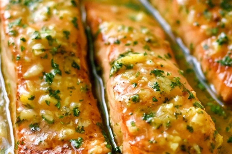 Delicious garlic butter salmon fillet with herbs and lemon on a plate