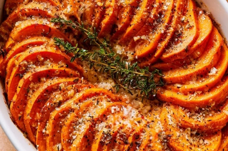 Delicious Garlic Parmesan Roasted Sweet Potatoes served on a plate.