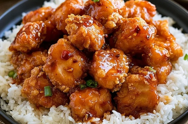 Delicious plate of homemade General Tso's Chicken with vibrant vegetables.