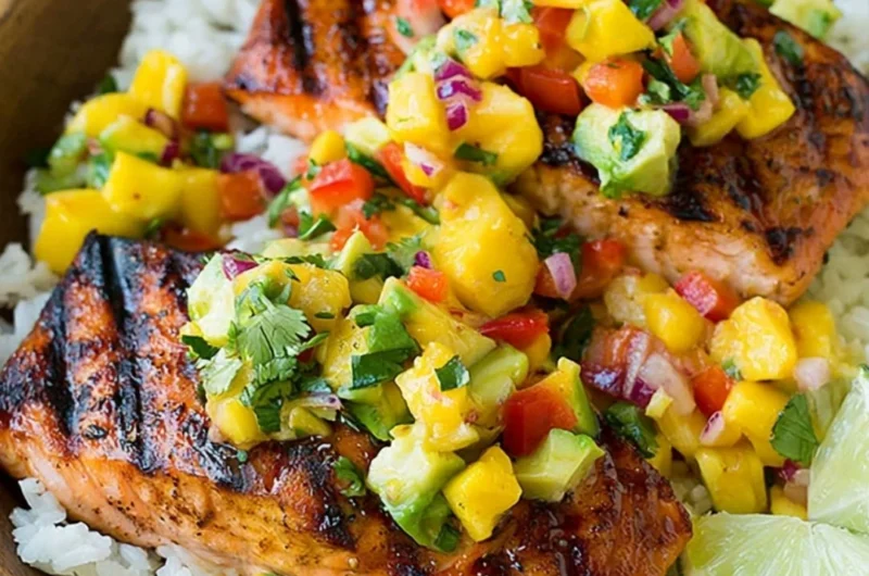 Delicious grilled salmon with fresh mango salsa and coconut rice on a plate