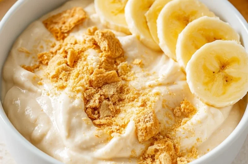 High Protein Banana Pudding Bowl with bananas and creamy layers