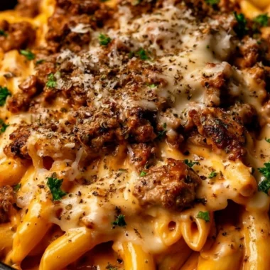 Creamy beef pasta dish with high protein content, garnished with herbs.