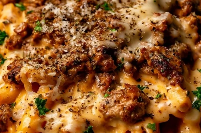 Creamy beef pasta dish with high protein content, garnished with herbs.