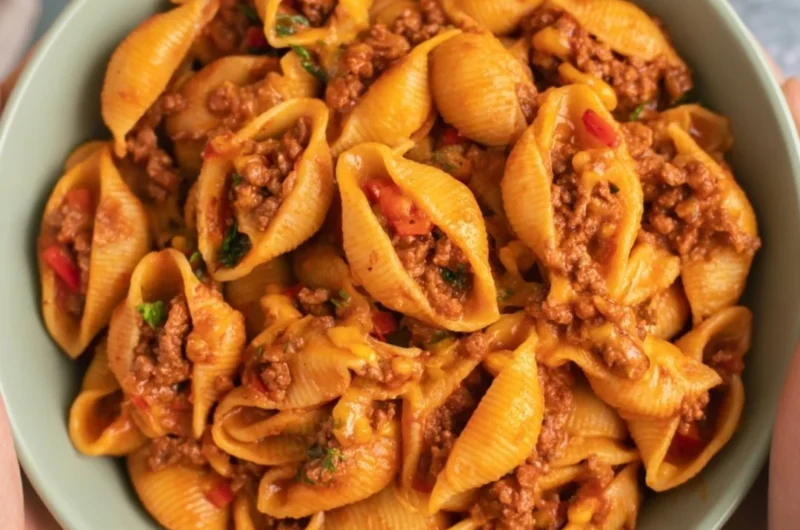 High protein taco pasta dish with toppings served in a bowl