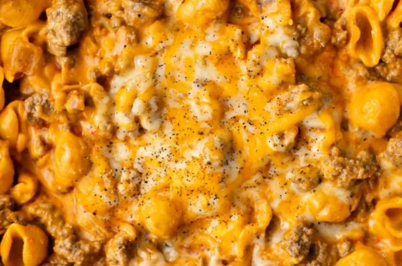 Homemade Hamburger Helper recipe with ground beef and pasta in a pot