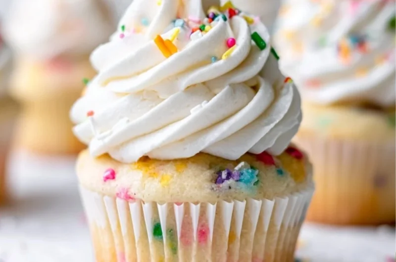 Delicious homemade vanilla cupcakes decorated with frosting and sprinkles